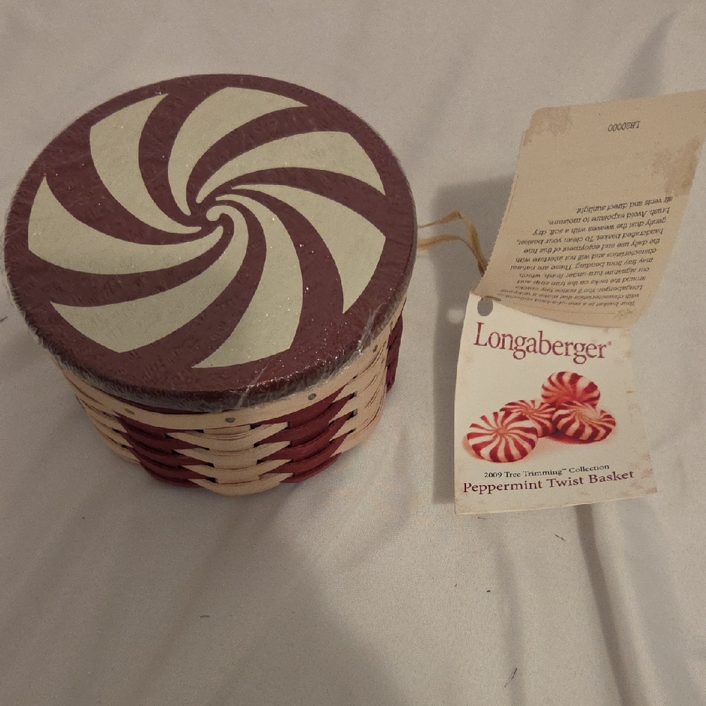 Longaberger Red and Cream Peppermint Swirl Round Basket